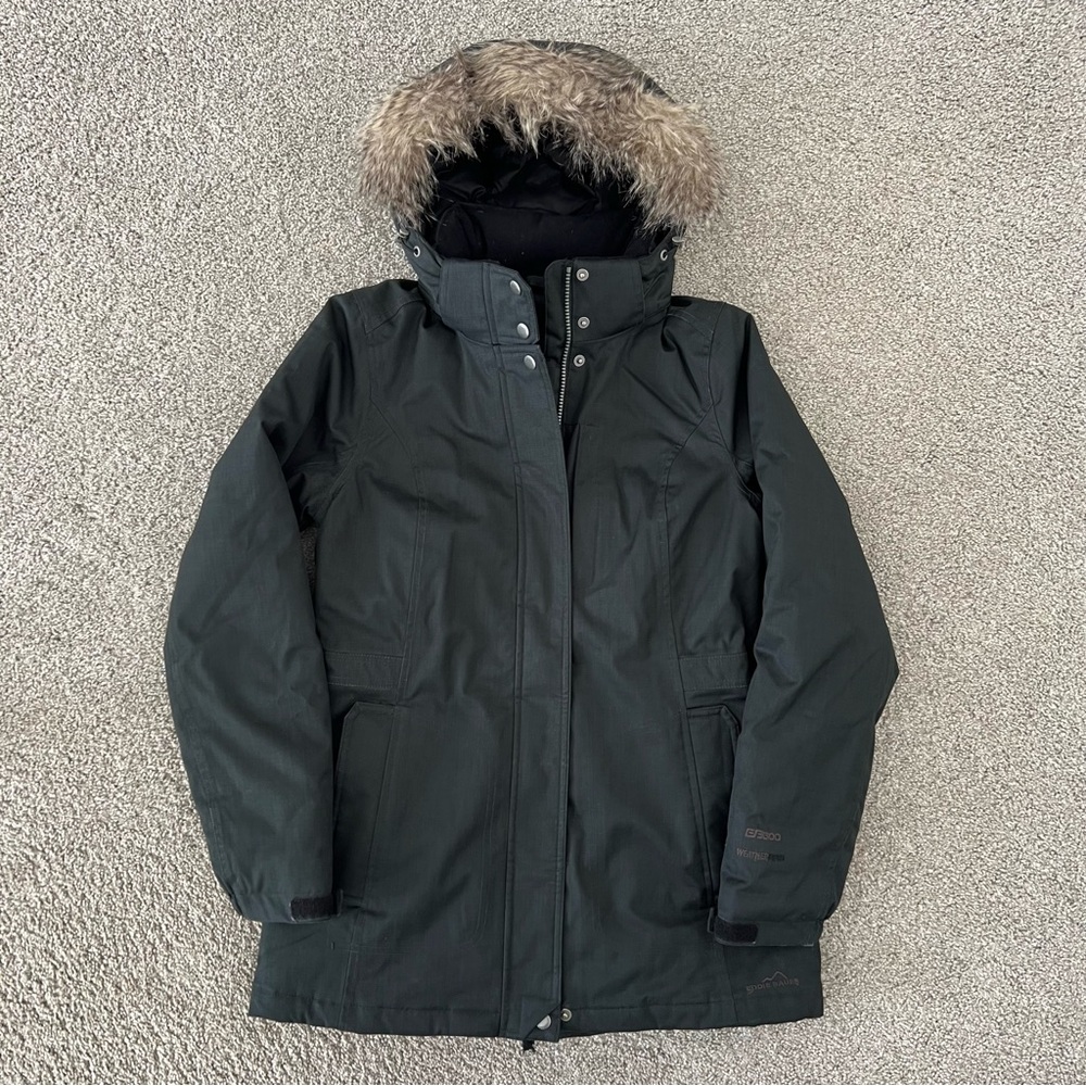 Eddie Bauer Black Parka with Faux Fur Hood, very warm down insulated winter coat